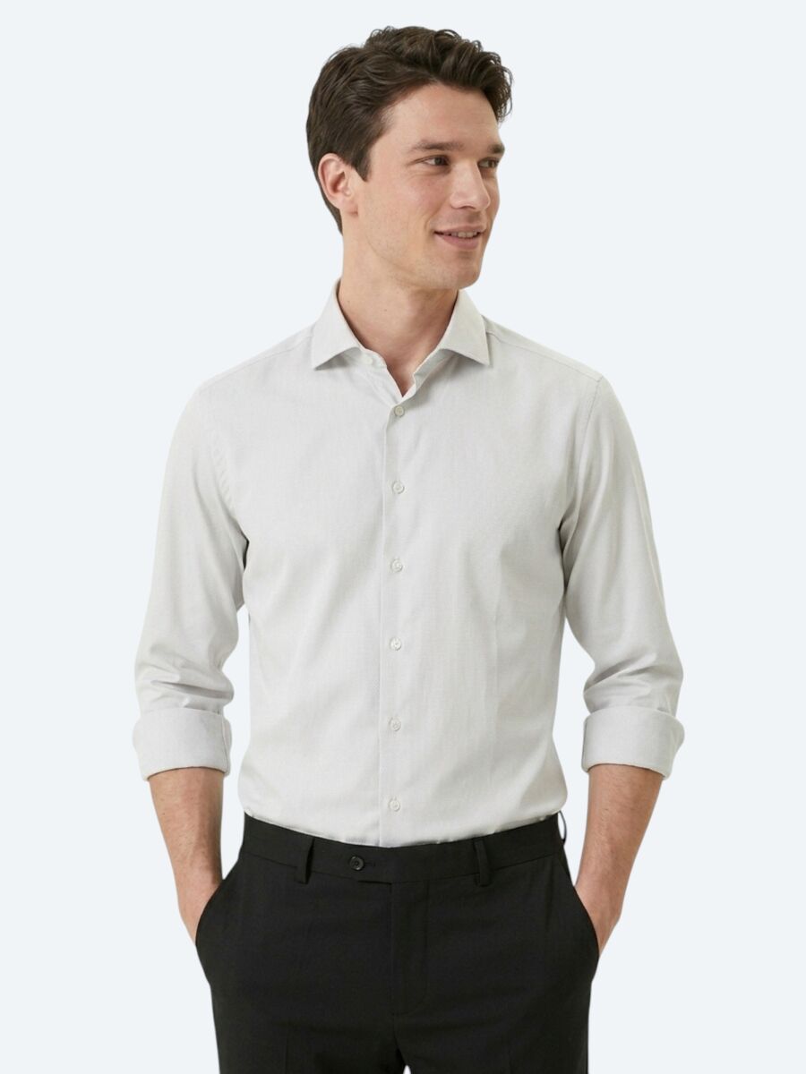 Grey Plain Slim Fit Long Weaving Classical 100% Cotton Shirt - 1