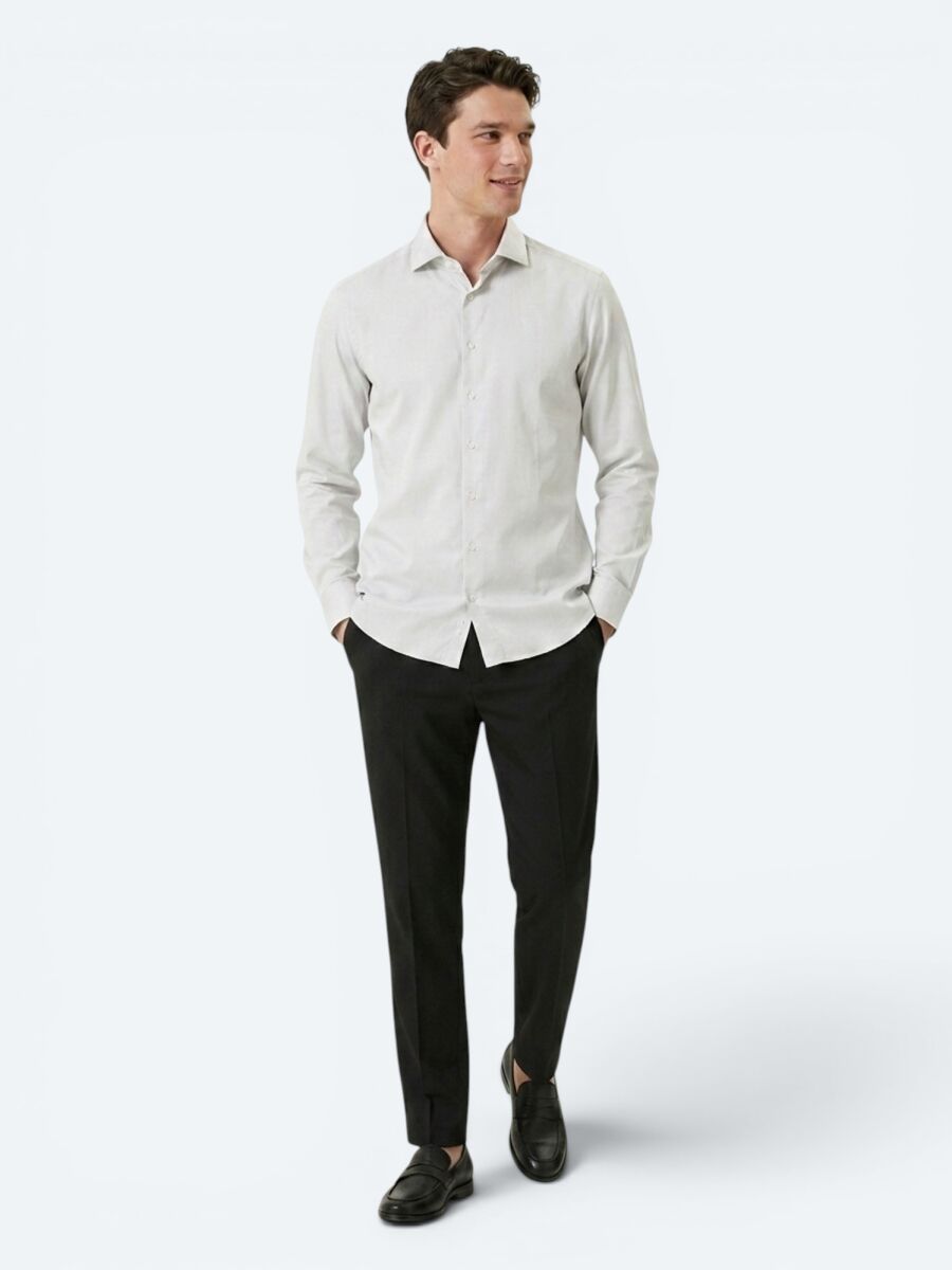 Grey Plain Slim Fit Long Weaving Classical 100% Cotton Shirt - 2