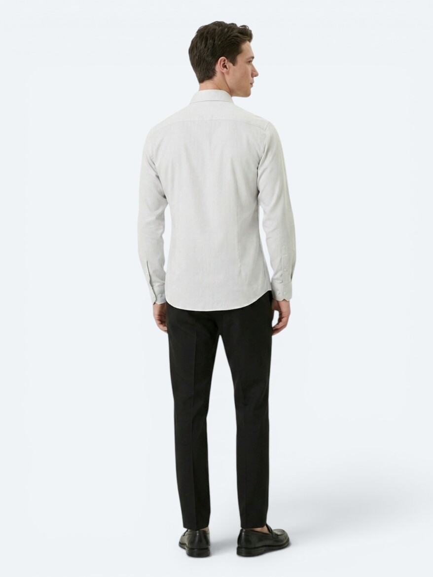 Grey Plain Slim Fit Long Weaving Classical 100% Cotton Shirt - 5