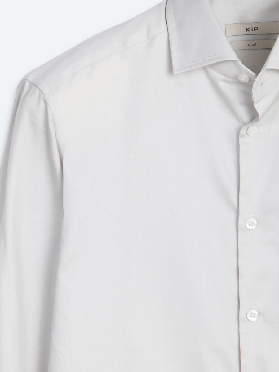 Grey Plain Slim Fit Long Weaving Classical 100% Cotton Shirt - 7