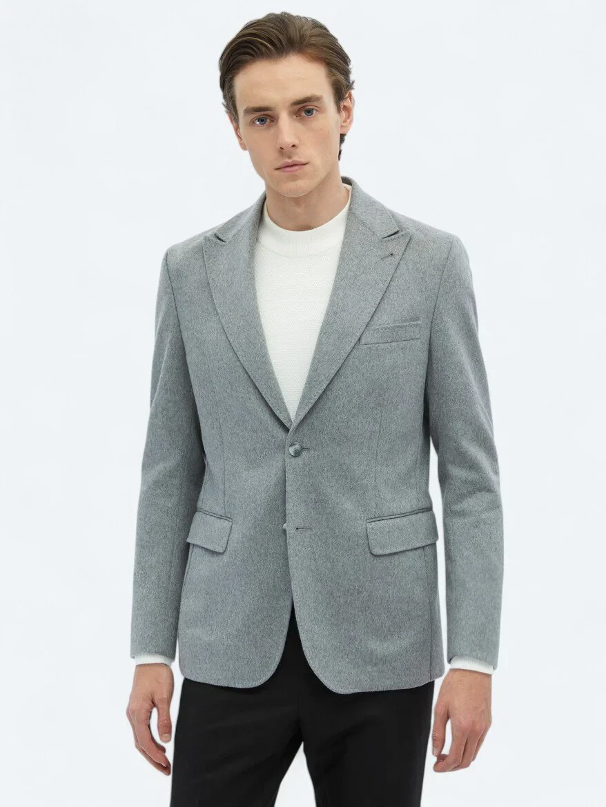 Grey Plain Wool Blended Jacket - 1