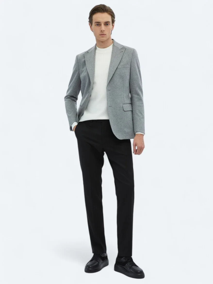 Grey Plain Wool Blended Jacket - 2