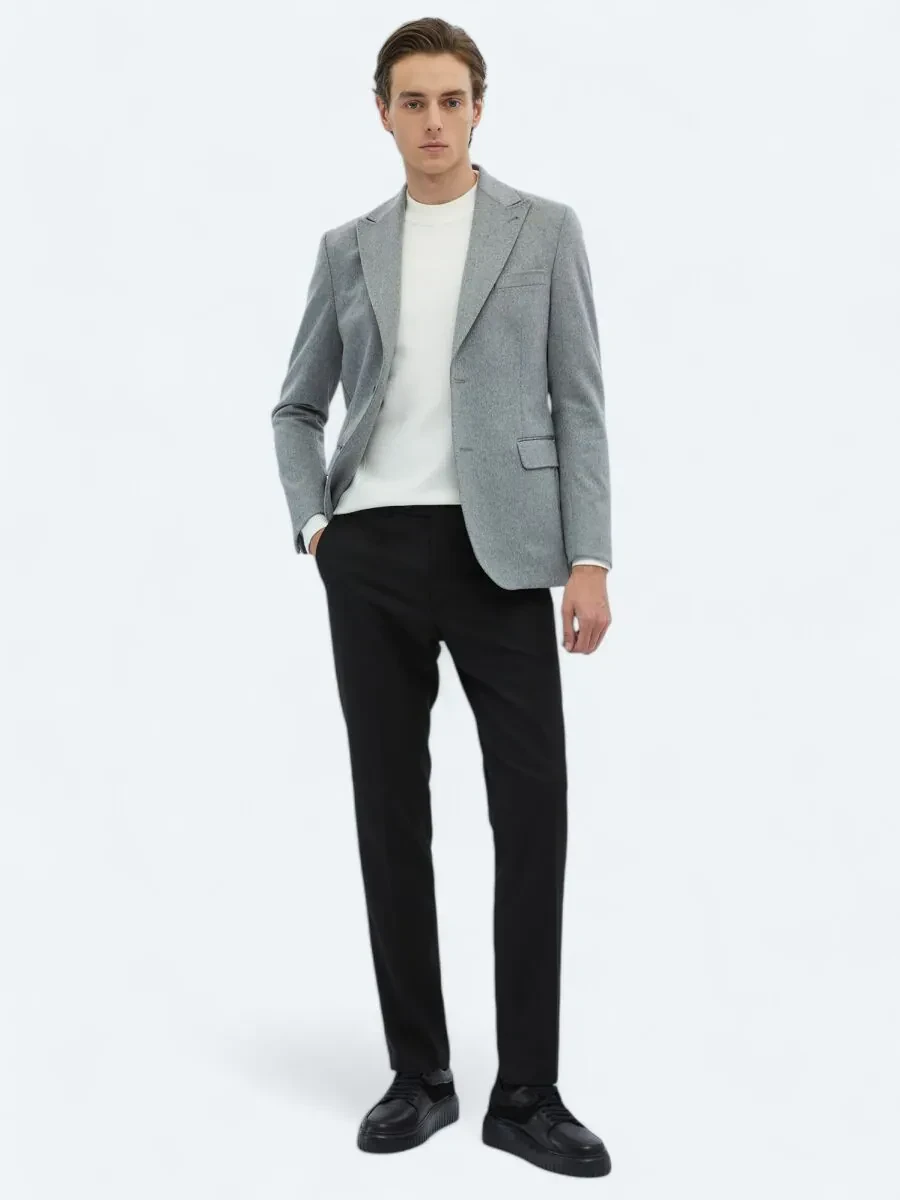 Grey Plain Wool Blended Jacket - 2
