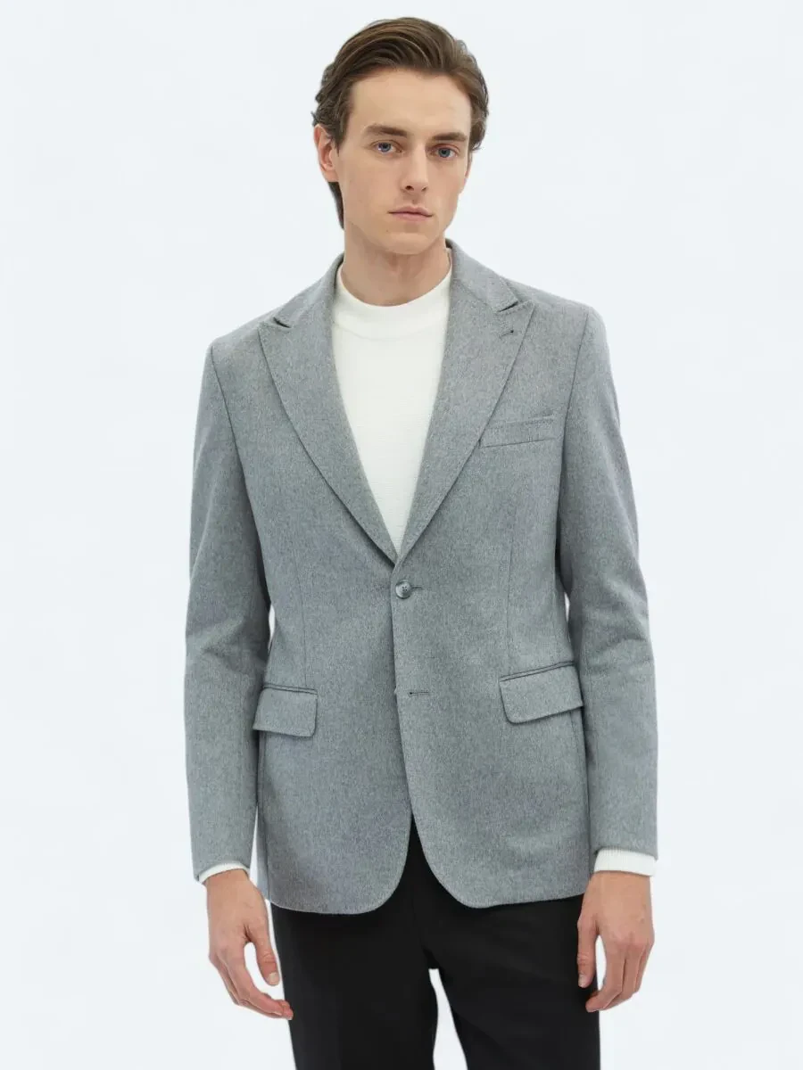 Grey Plain Wool Blended Jacket - 3
