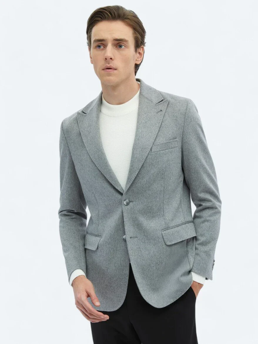 Grey Plain Wool Blended Jacket - 4