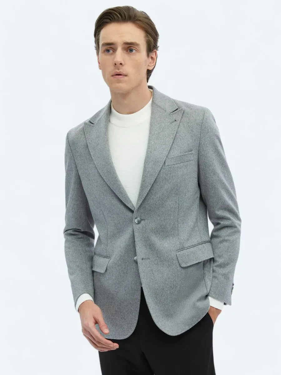 Grey Plain Wool Blended Jacket - 4