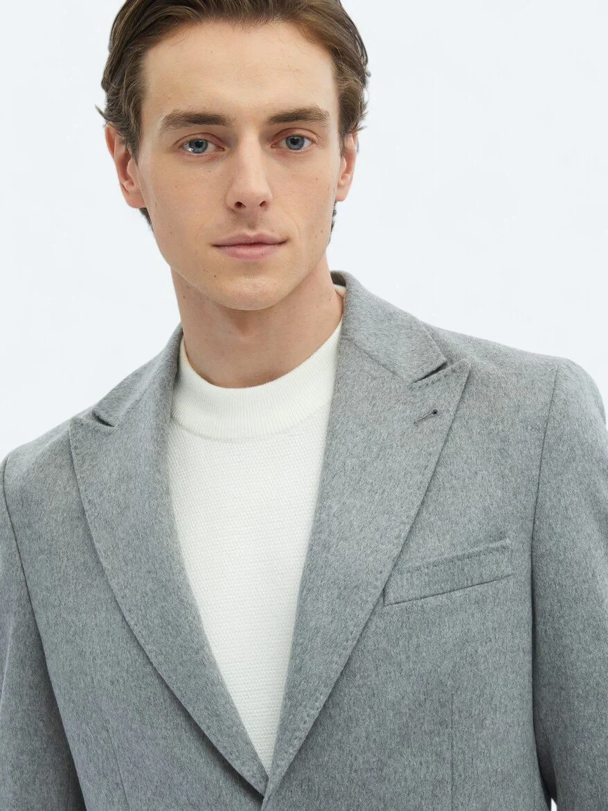 Grey Plain Wool Blended Jacket - 5