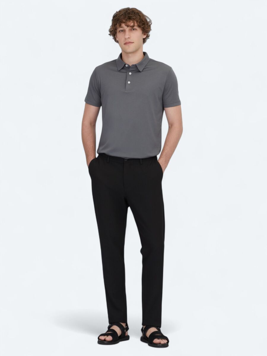 Grey Polo Neck Cotton Blended T-Shirt - 2