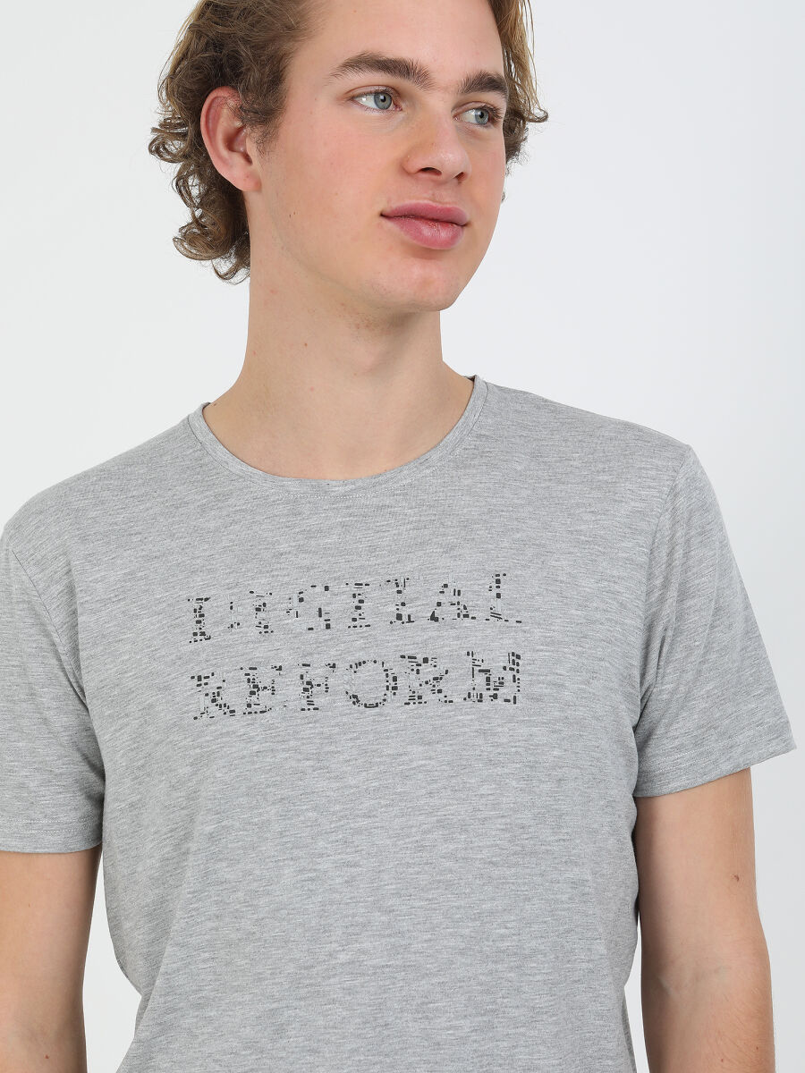 Grey Printed Crew Neck 100% Cotton T-Shirt - 2