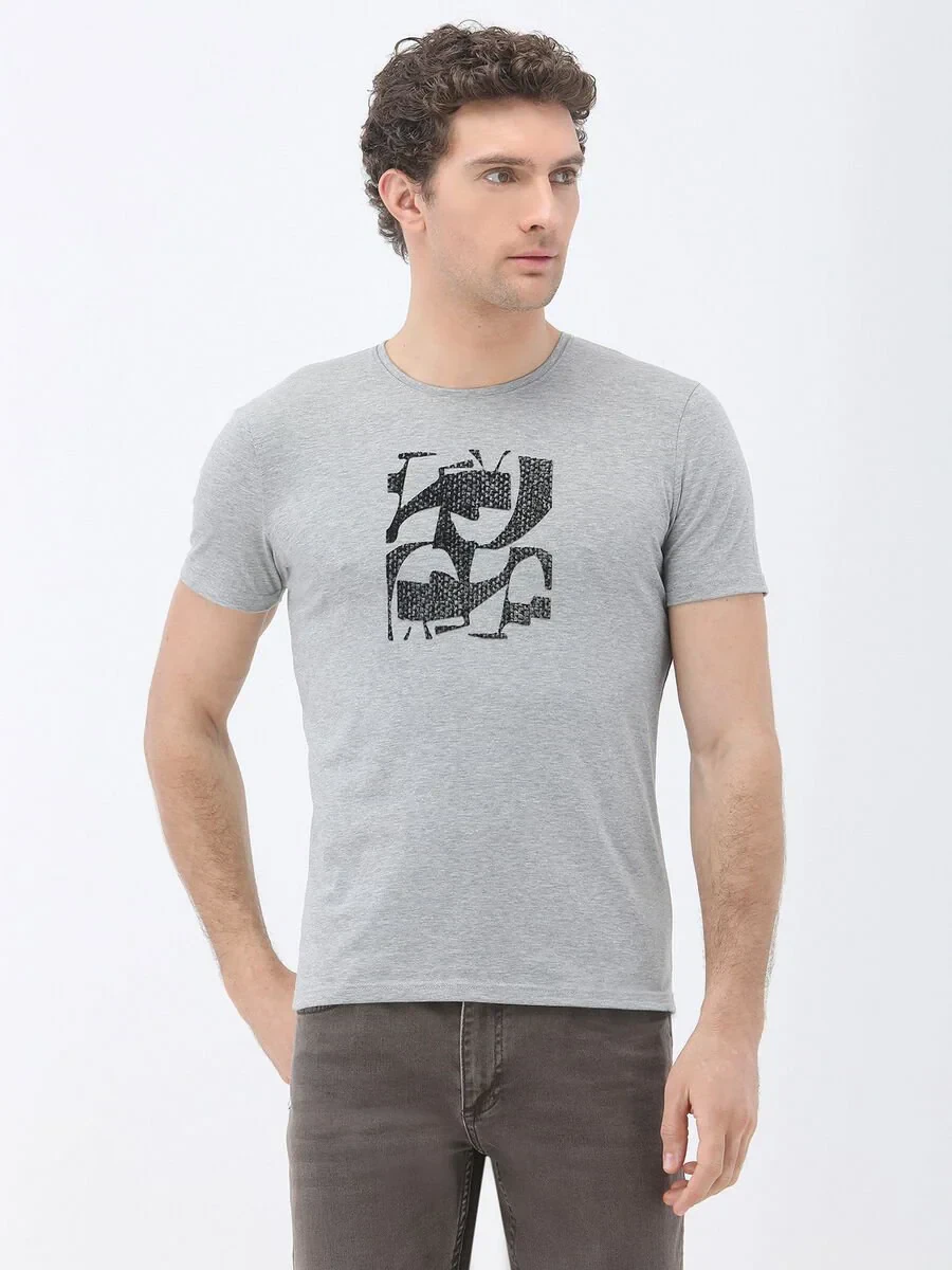 Grey Printed Crew Neck 100% Cotton T-Shirt - 1