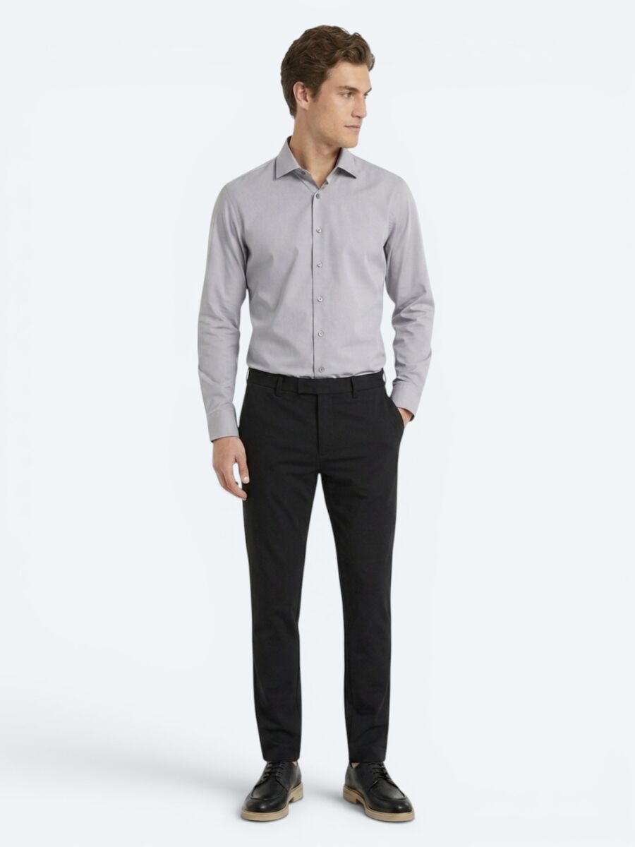 Grey Regular Fit Long Weaving Casual Cotton Blended Shirt - 1