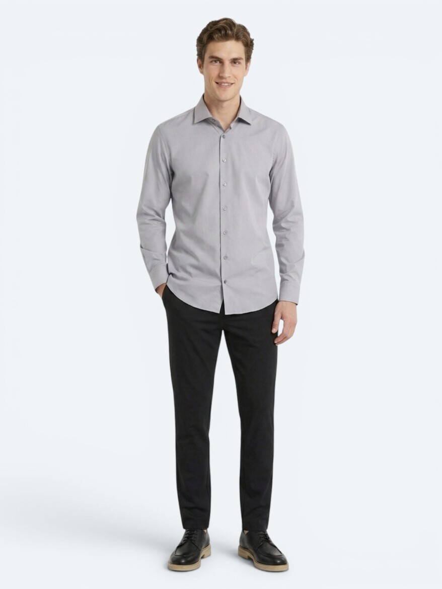 Grey Regular Fit Long Weaving Casual Cotton Blended Shirt - 2