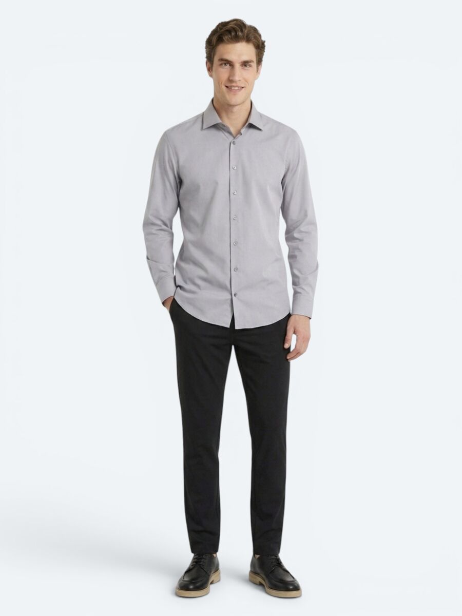 Grey Regular Fit Long Weaving Casual Cotton Blended Shirt - 2