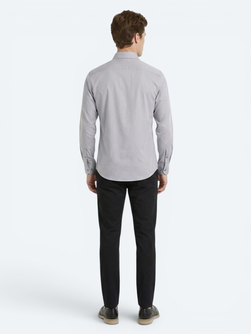Grey Regular Fit Long Weaving Casual Cotton Blended Shirt - 5