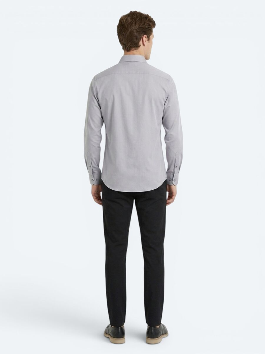 Grey Regular Fit Long Weaving Casual Cotton Blended Shirt - 5