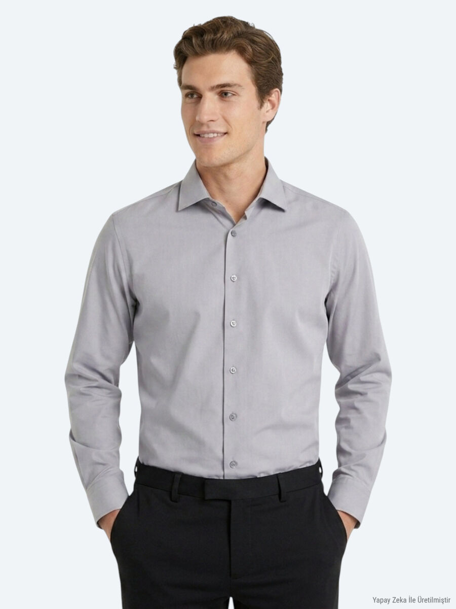 Grey Regular Fit Long Weaving Casual Cotton Blended Shirt - 3
