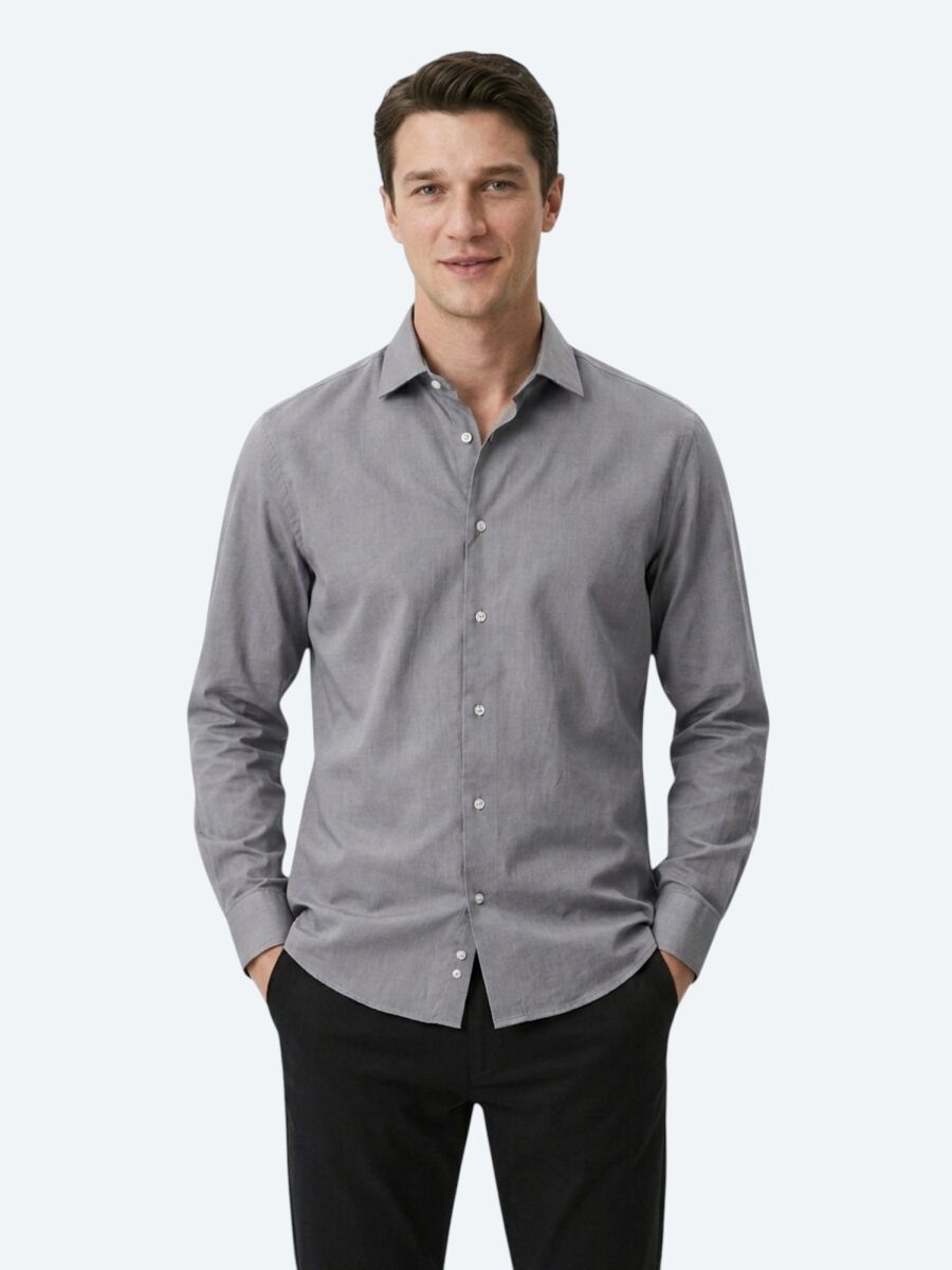 Grey Regular Fit Long Weaving Casual Cotton Blended Shirt - 1