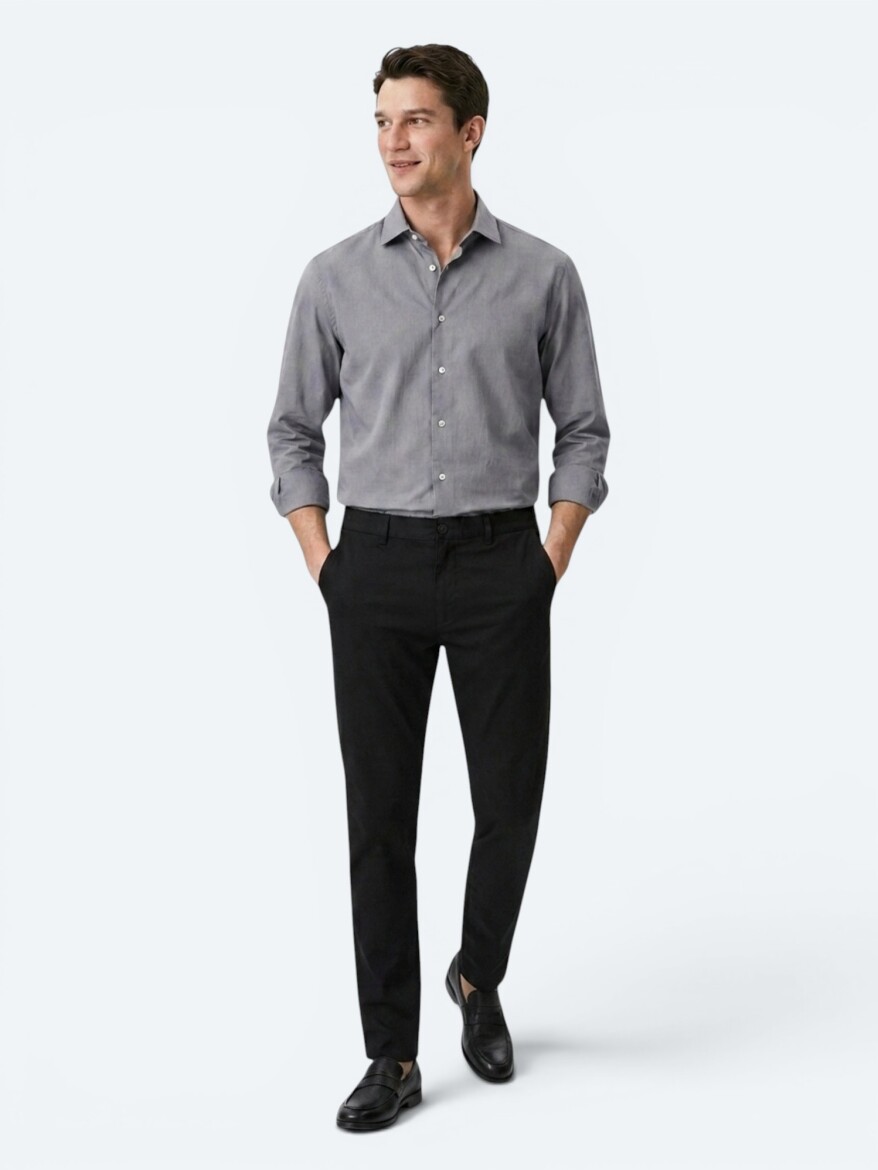 Grey Regular Fit Long Weaving Casual Cotton Blended Shirt - 2
