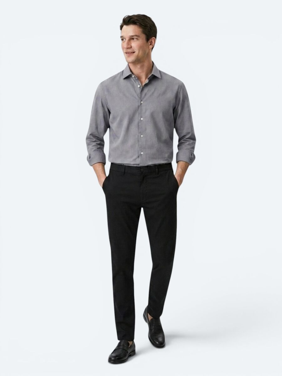 Grey Regular Fit Long Weaving Casual Cotton Blended Shirt - 2