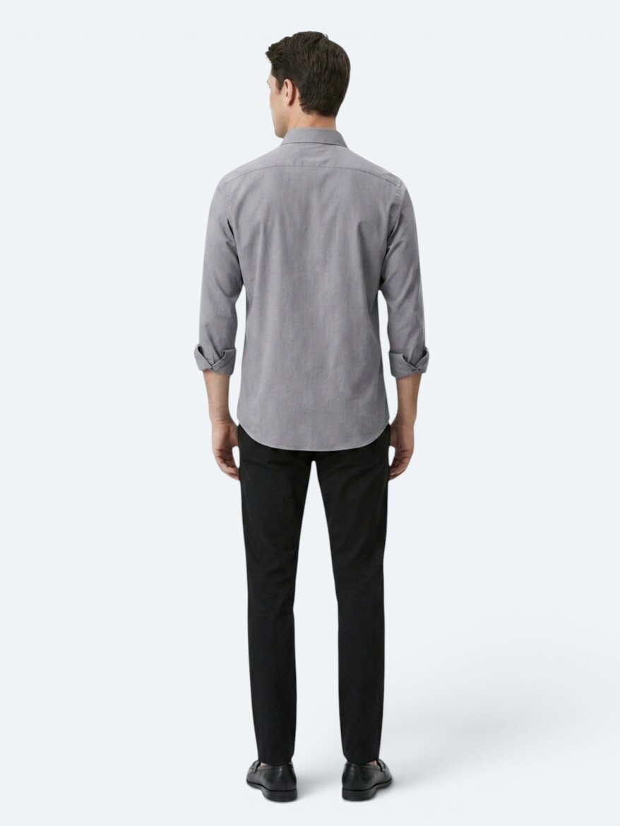 Grey Regular Fit Long Weaving Casual Cotton Blended Shirt - 5