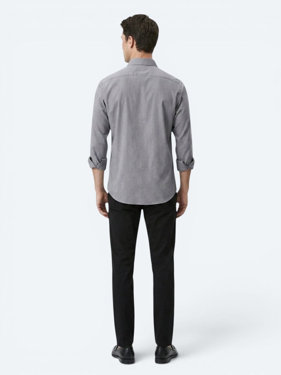 Grey Regular Fit Long Weaving Casual Cotton Blended Shirt - 5