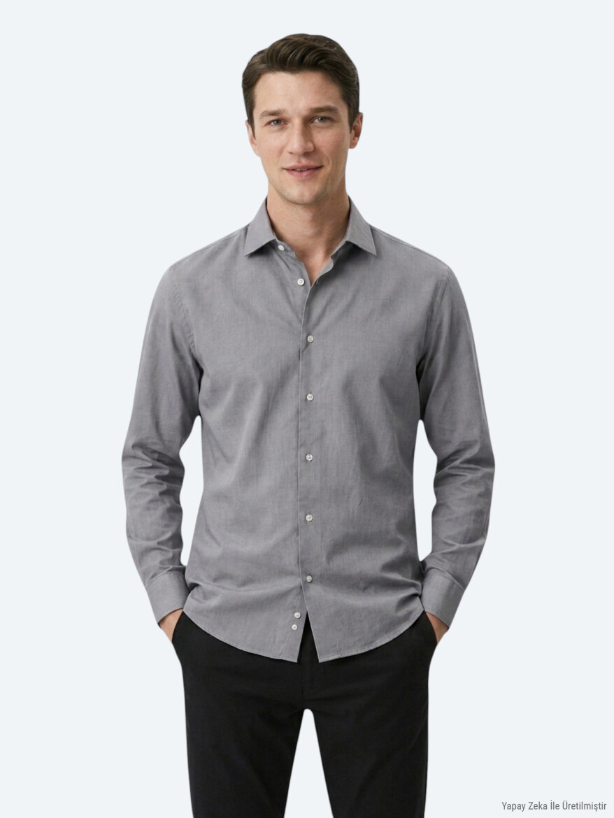 Grey Regular Fit Long Weaving Casual Cotton Blended Shirt - KİP