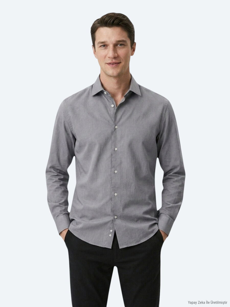 Grey Regular Fit Long Weaving Casual Cotton Blended Shirt - 1