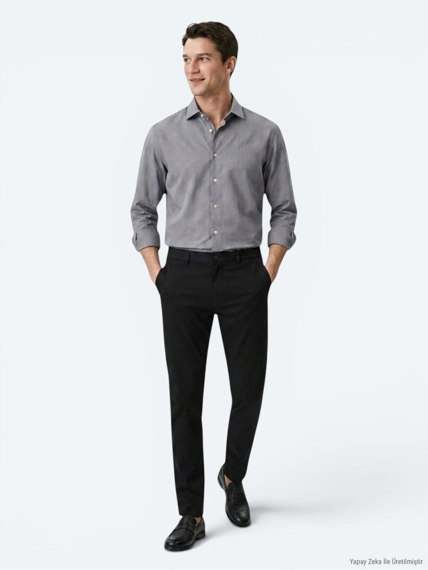 Grey Regular Fit Long Weaving Casual Cotton Blended Shirt - KİP