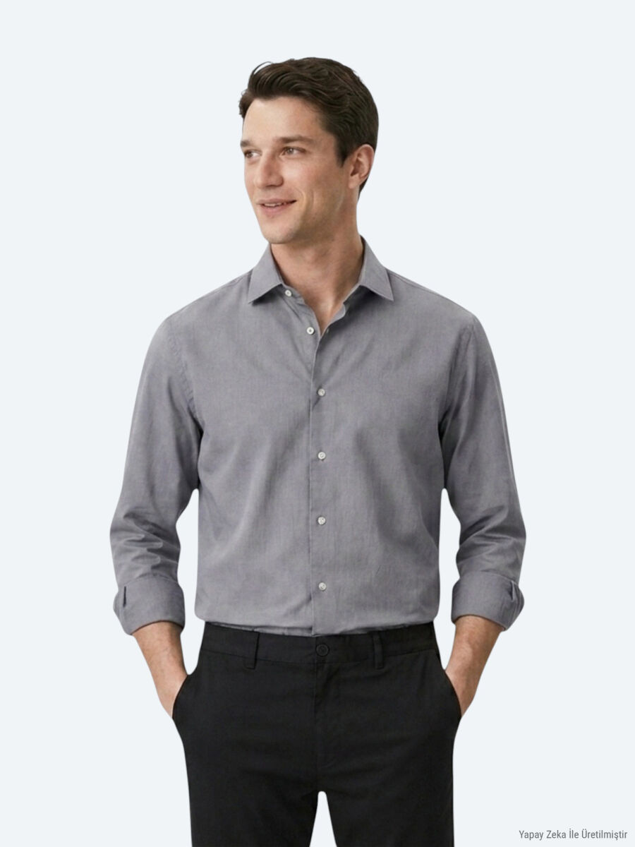Grey Regular Fit Long Weaving Casual Cotton Blended Shirt - 4