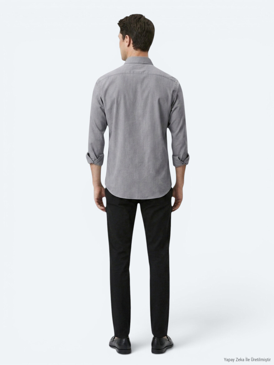 Grey Regular Fit Long Weaving Casual Cotton Blended Shirt - 5