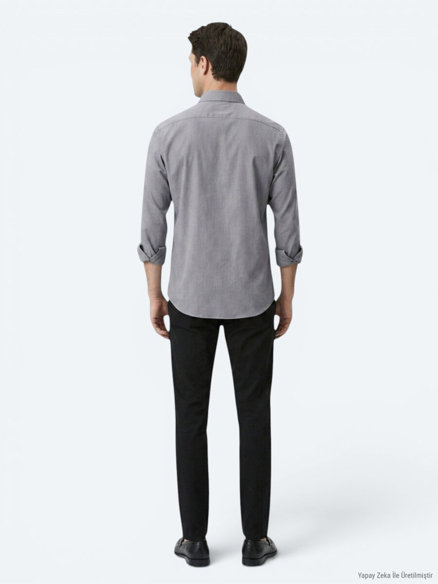 Grey Regular Fit Long Weaving Casual Cotton Blended Shirt - 5