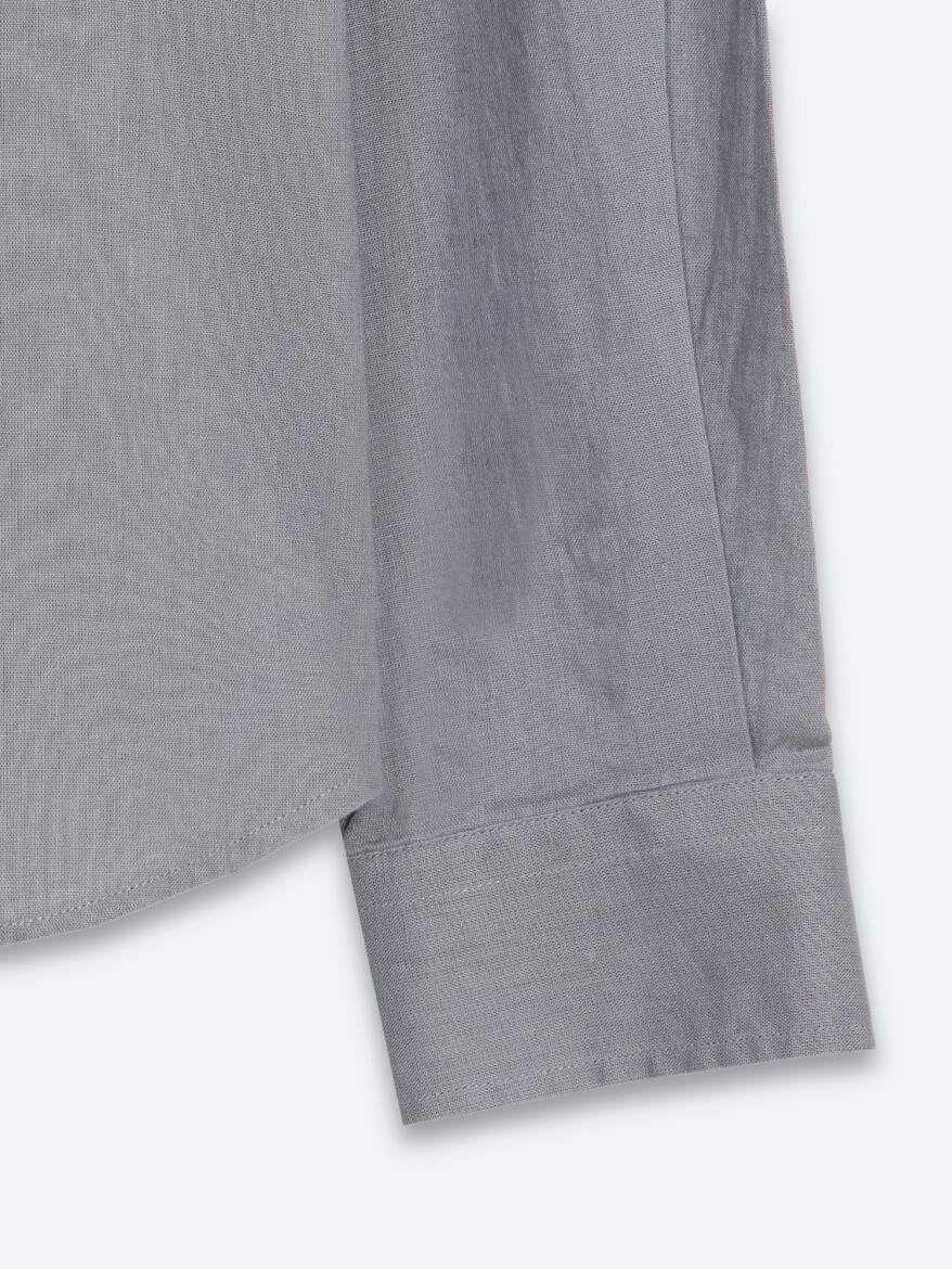Grey Regular Fit Long Weaving Casual Cotton Blended Shirt - 9