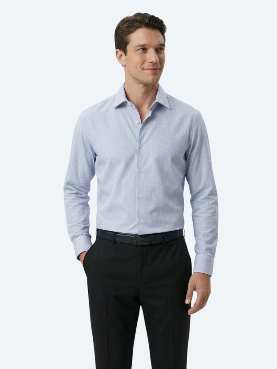 Grey Regular Fit Long Weaving Classical Cotton Blended Shirt - 1