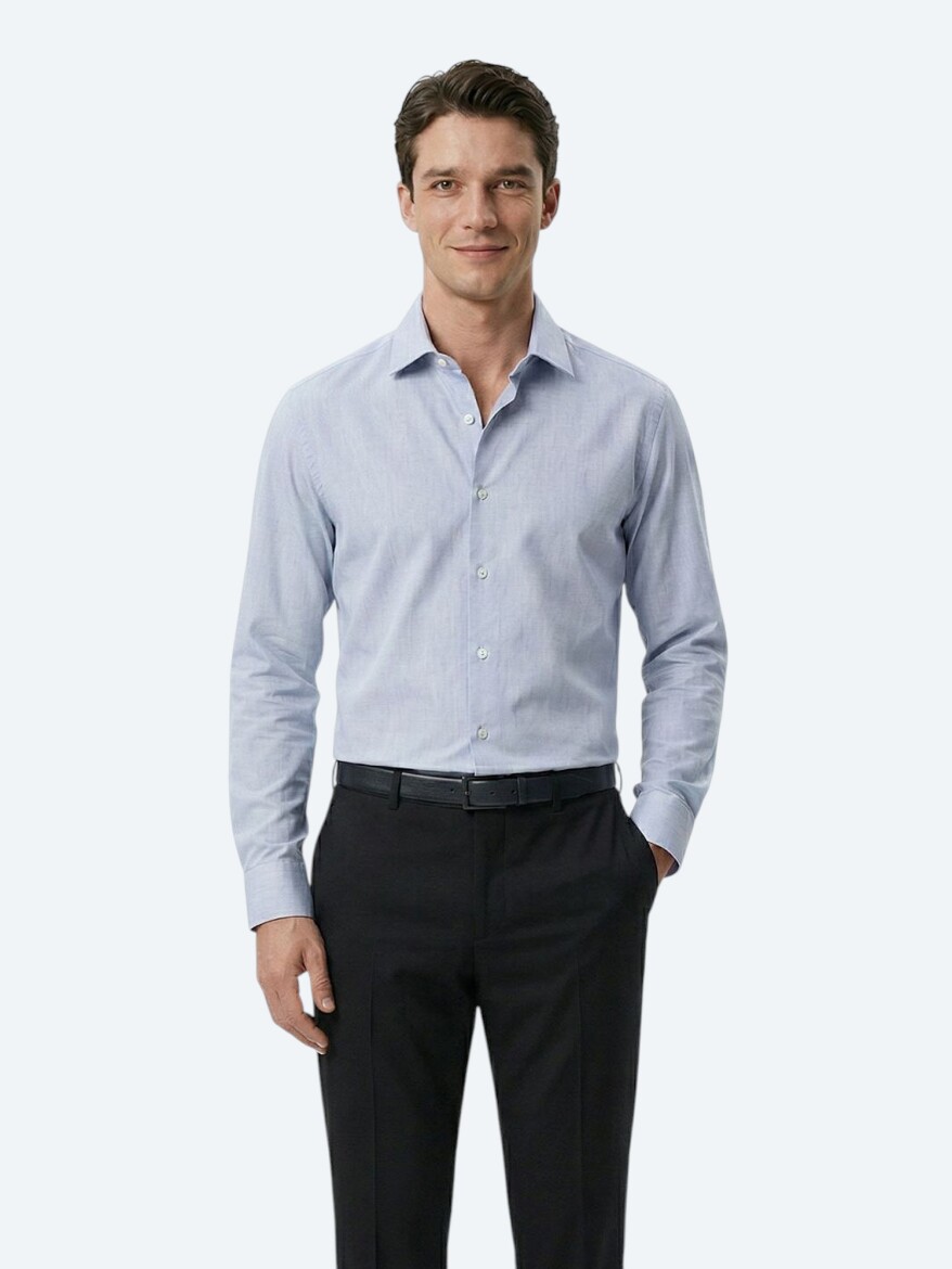 Grey Regular Fit Long Weaving Classical Cotton Blended Shirt - 4