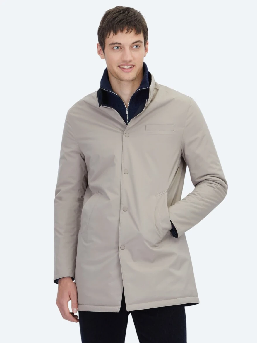 Grey Regular Fit Mandarin Collar Casual Weaving Double-Sided Rain Coat - 1