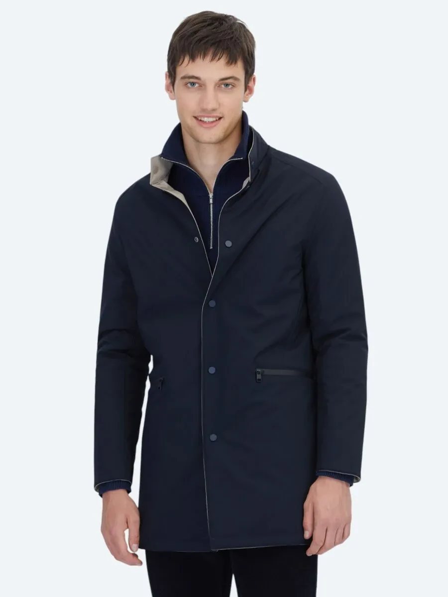 Grey Regular Fit Mandarin Collar Casual Weaving Double-Sided Rain Coat - 2