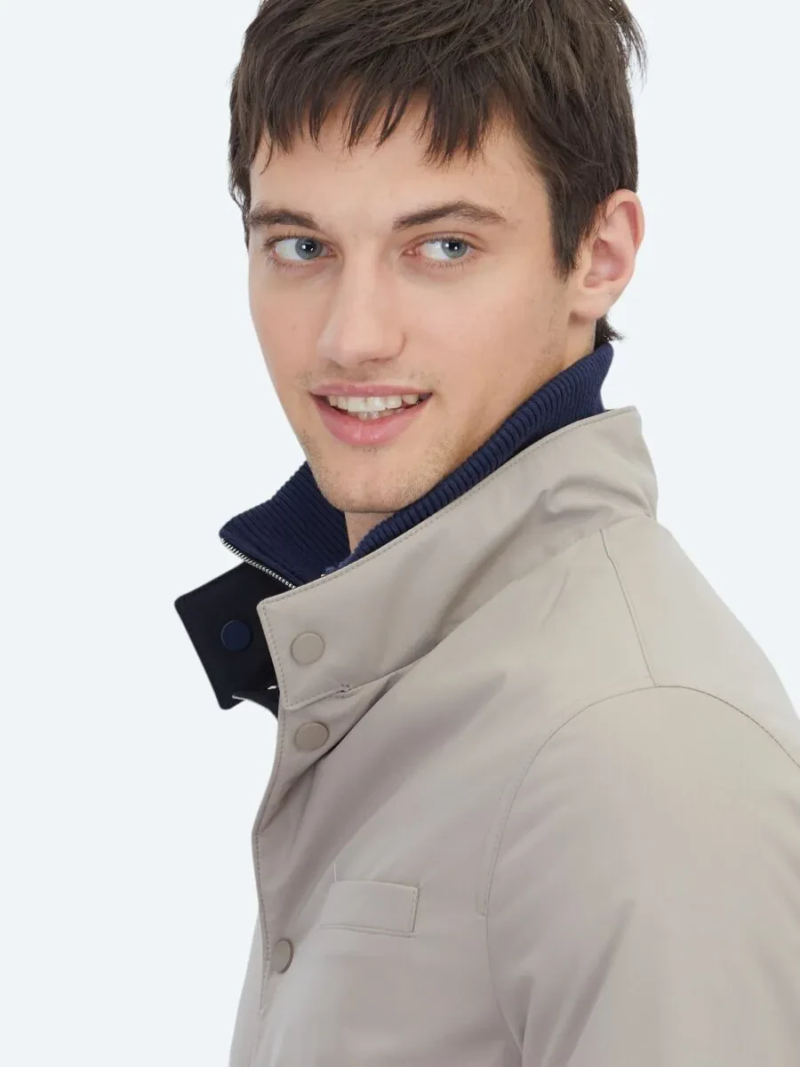 Grey Regular Fit Mandarin Collar Casual Weaving Double-Sided Rain Coat - 6