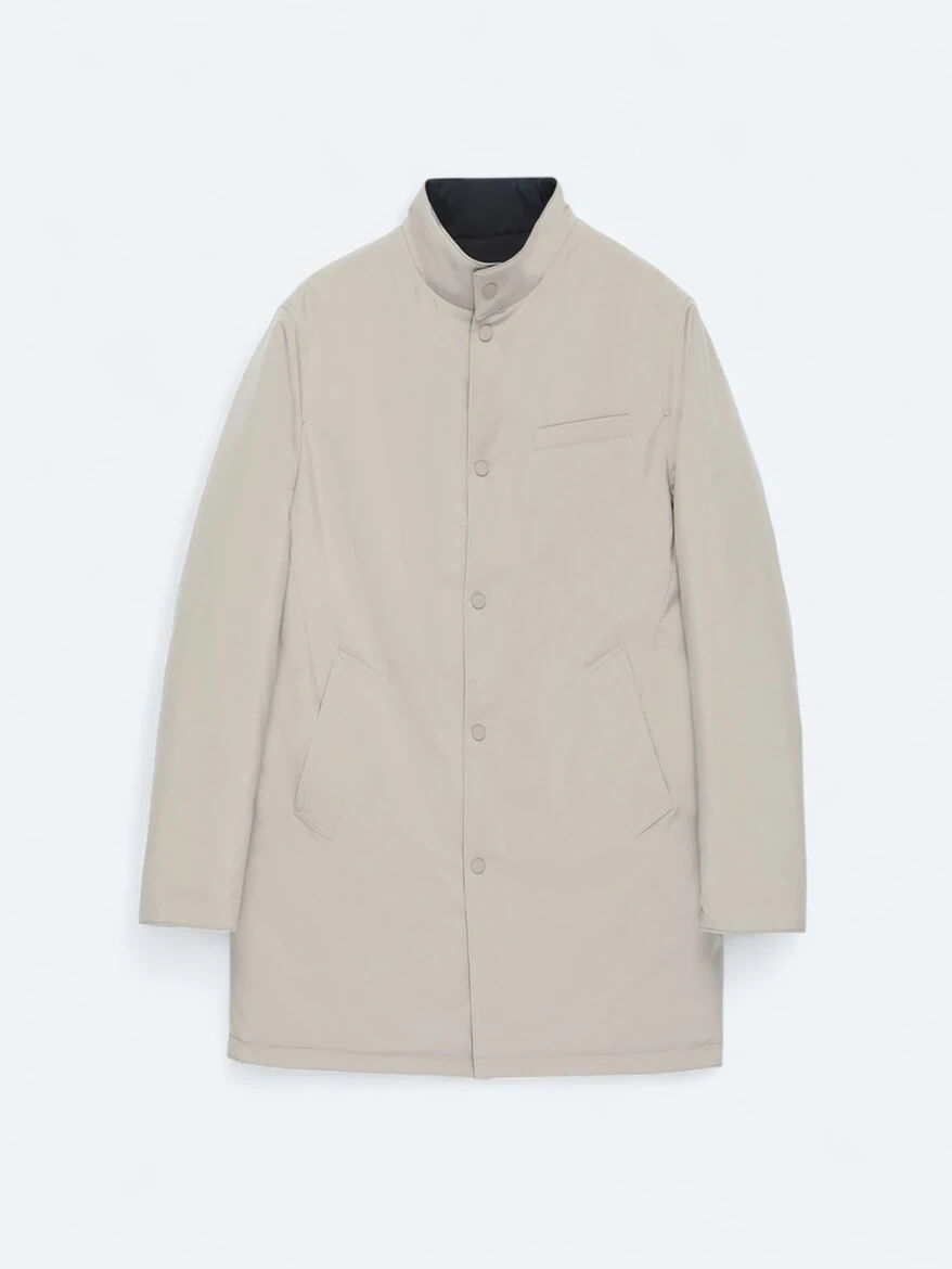 Grey Regular Fit Mandarin Collar Casual Weaving Double-Sided Rain Coat - 10