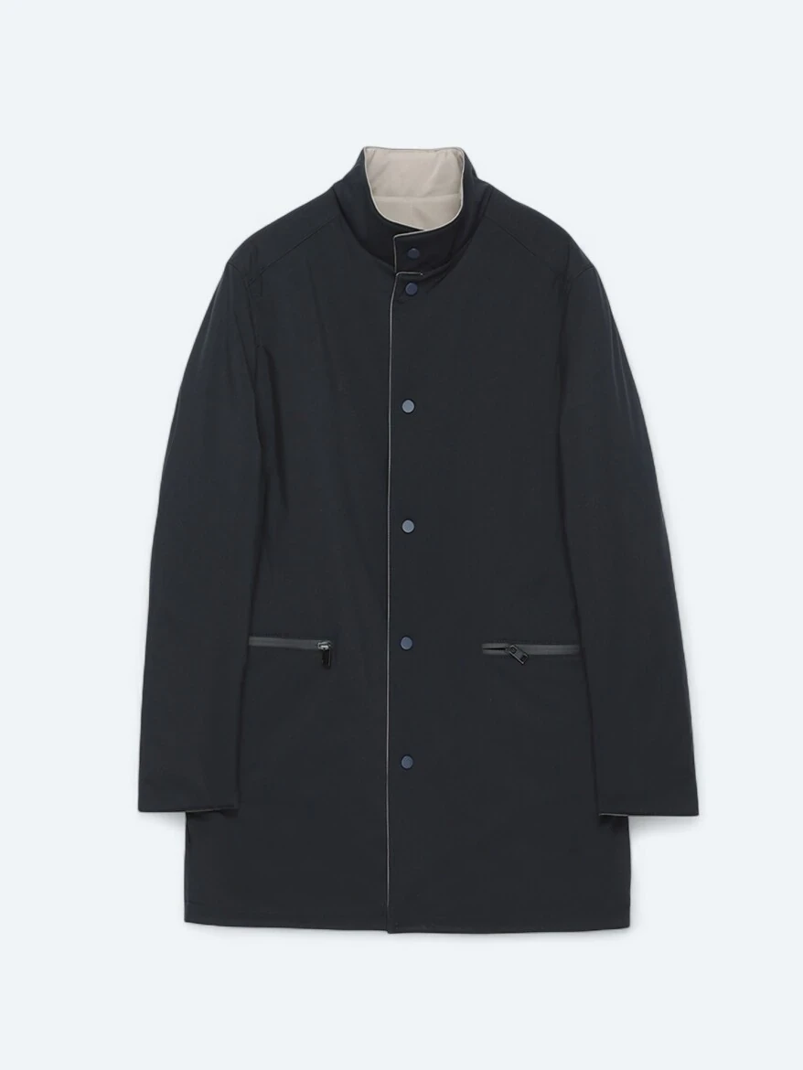 Grey Regular Fit Mandarin Collar Casual Weaving Double-Sided Rain Coat - 11