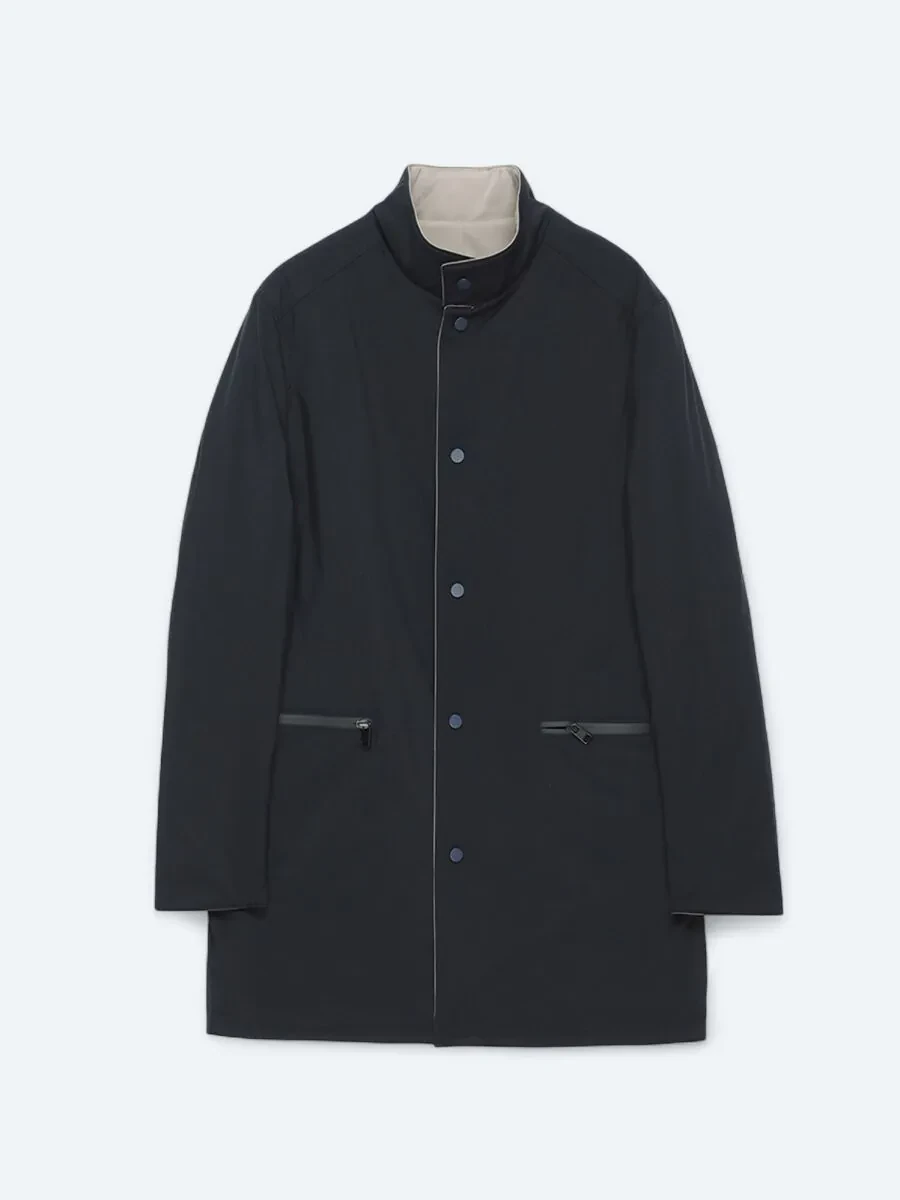 Grey Regular Fit Mandarin Collar Casual Weaving Double-Sided Rain Coat - 11