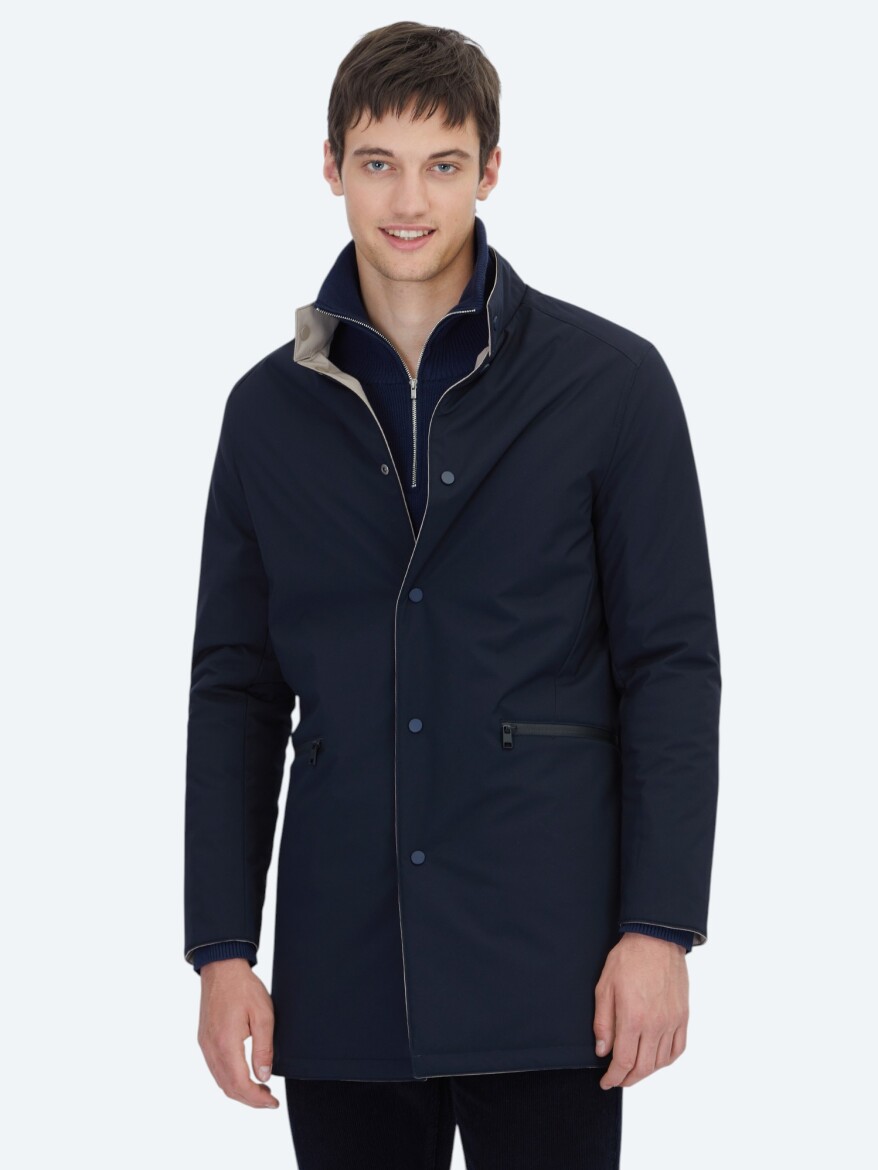 Grey Regular Fit Mandarin Collar Casual Weaving Double-Sided Rain Coat - KİP