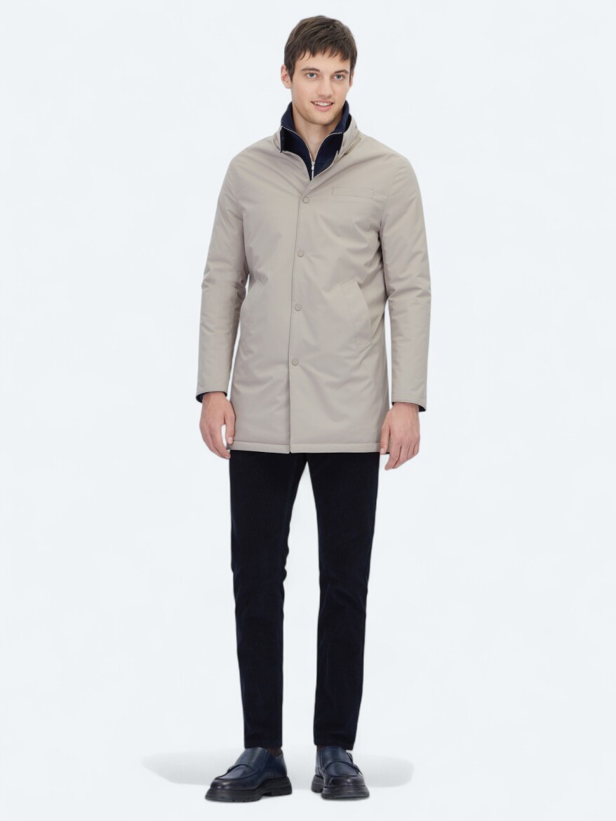 Grey Regular Fit Mandarin Collar Casual Weaving Double-Sided Rain Coat - 3