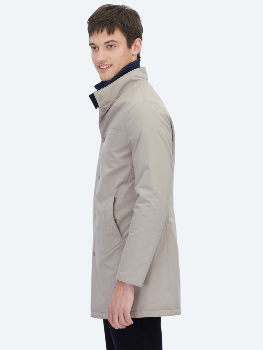 Grey Regular Fit Mandarin Collar Casual Weaving Double-Sided Rain Coat - 4