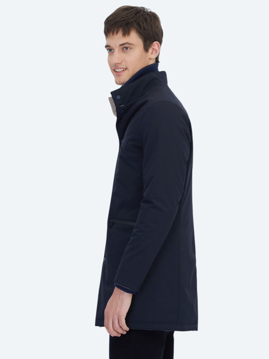 Grey Regular Fit Mandarin Collar Casual Weaving Double-Sided Rain Coat - 5