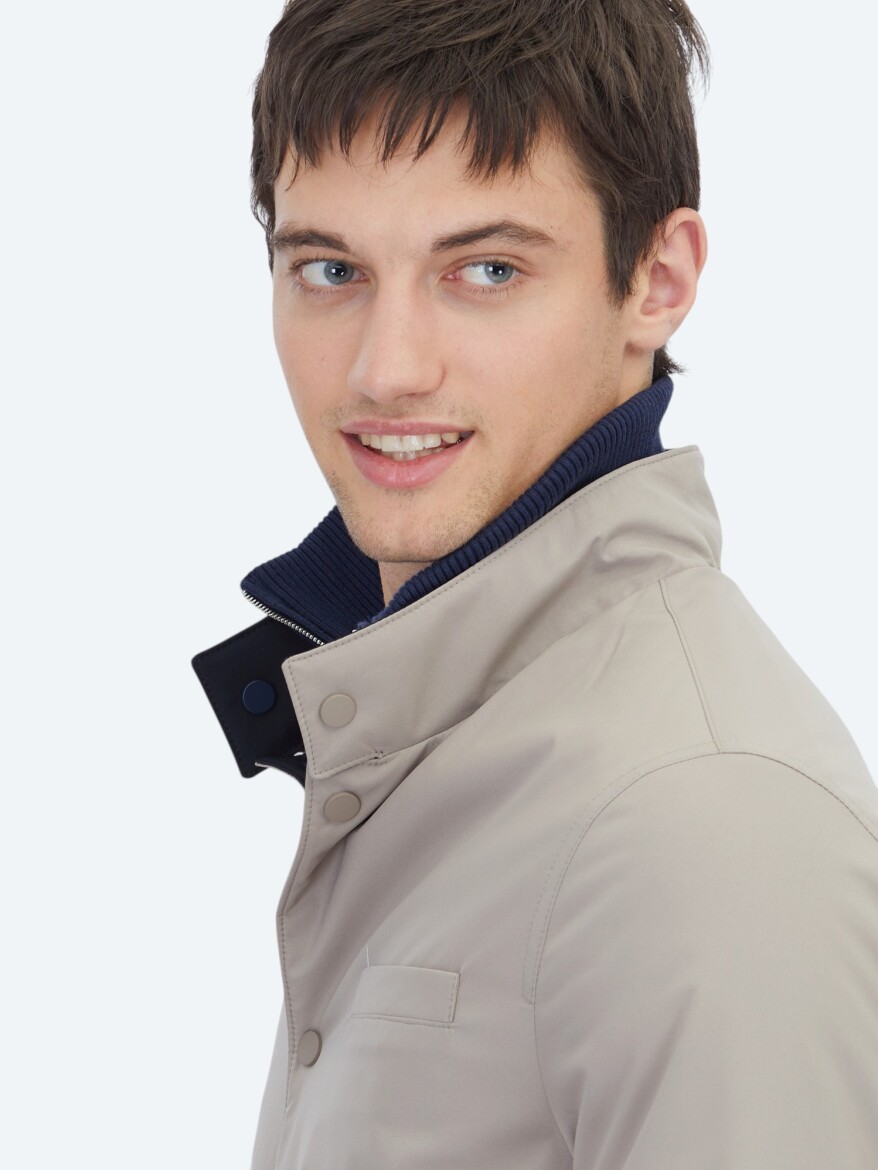 Grey Regular Fit Mandarin Collar Casual Weaving Double-Sided Rain Coat - 6