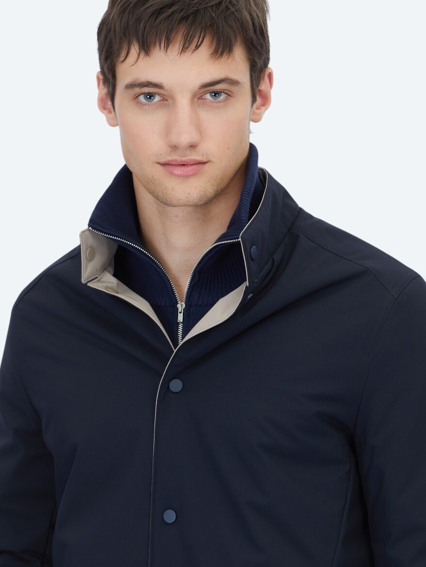 Grey Regular Fit Mandarin Collar Casual Weaving Double-Sided Rain Coat - 7