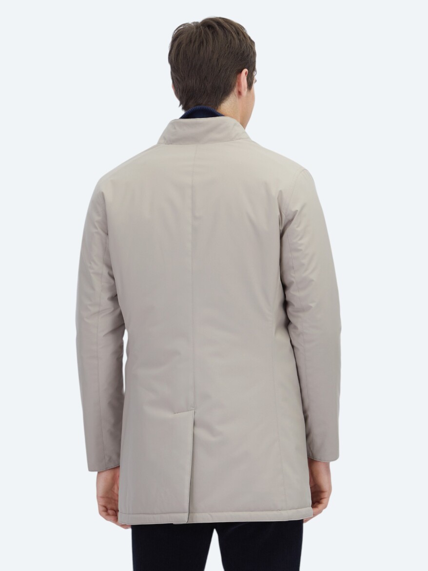 Grey Regular Fit Mandarin Collar Casual Weaving Double-Sided Rain Coat - 8