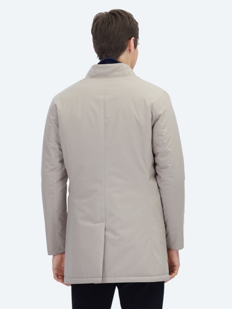 Grey Regular Fit Mandarin Collar Casual Weaving Double-Sided Rain Coat - 8