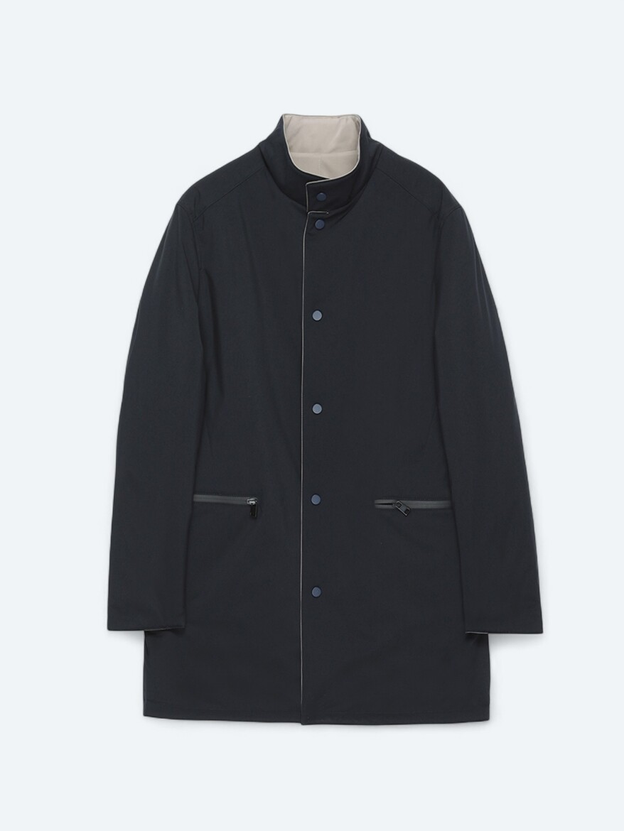 Grey Regular Fit Mandarin Collar Casual Weaving Double-Sided Rain Coat - 11