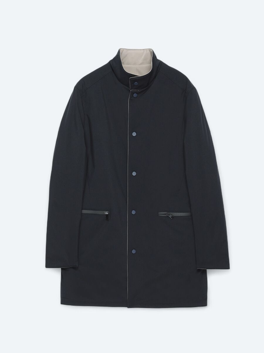 Grey Regular Fit Mandarin Collar Casual Weaving Double-Sided Rain Coat - 11